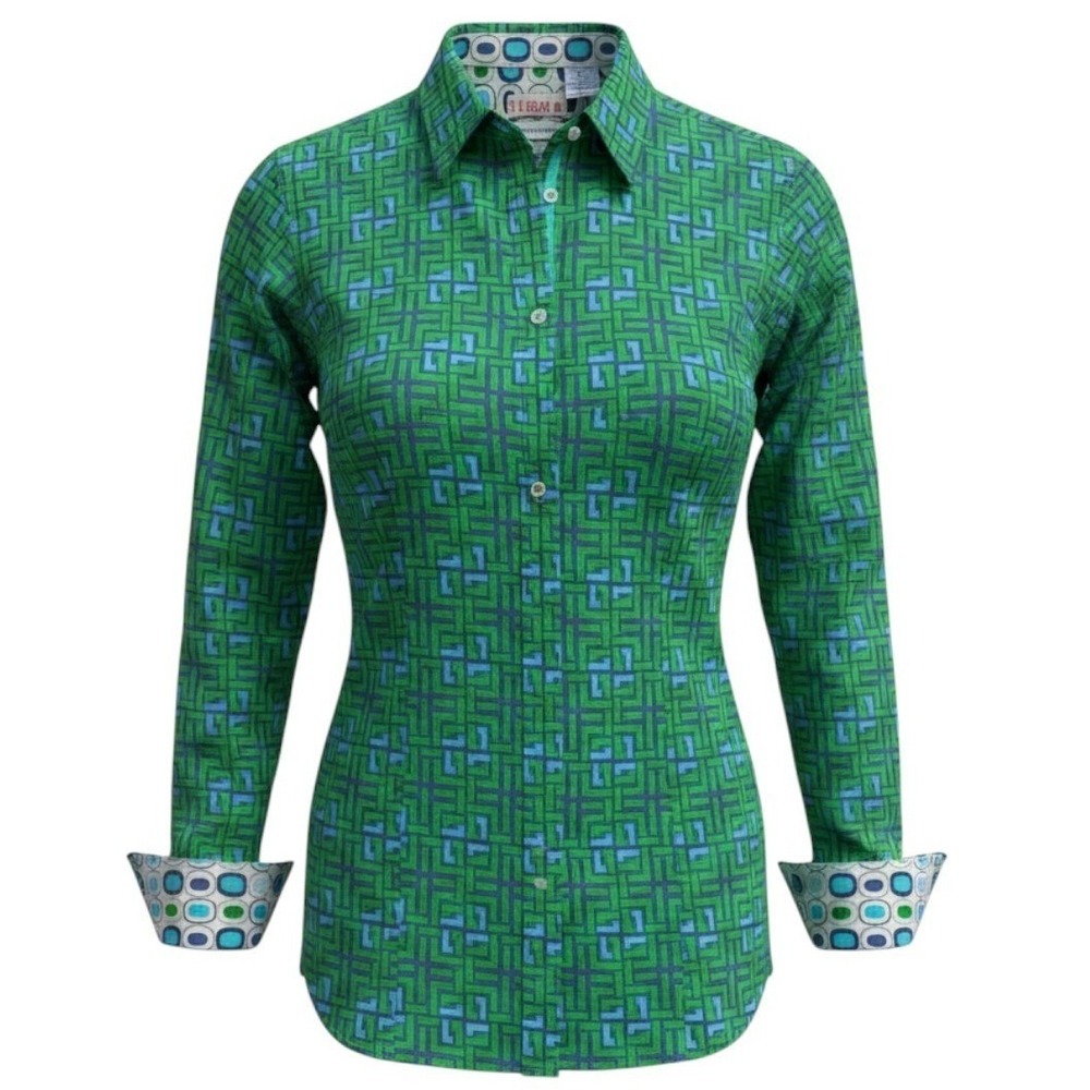 M Tizzie Green Blue Geometric Maze Print Button Down Shirt Womens